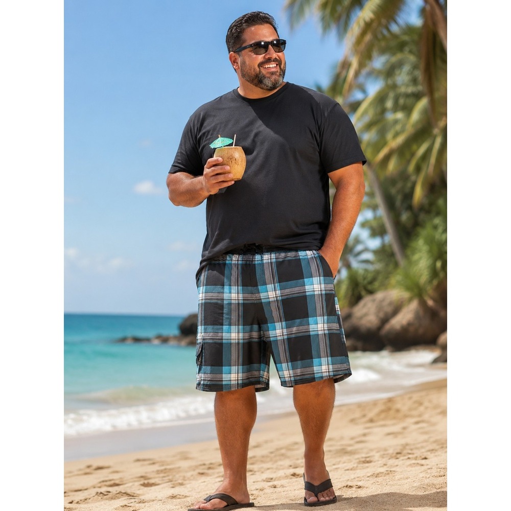 Roundtree & Yorke Sz 3XB Black Blue White Plaid Mens Swimming Trunks Beach Pool